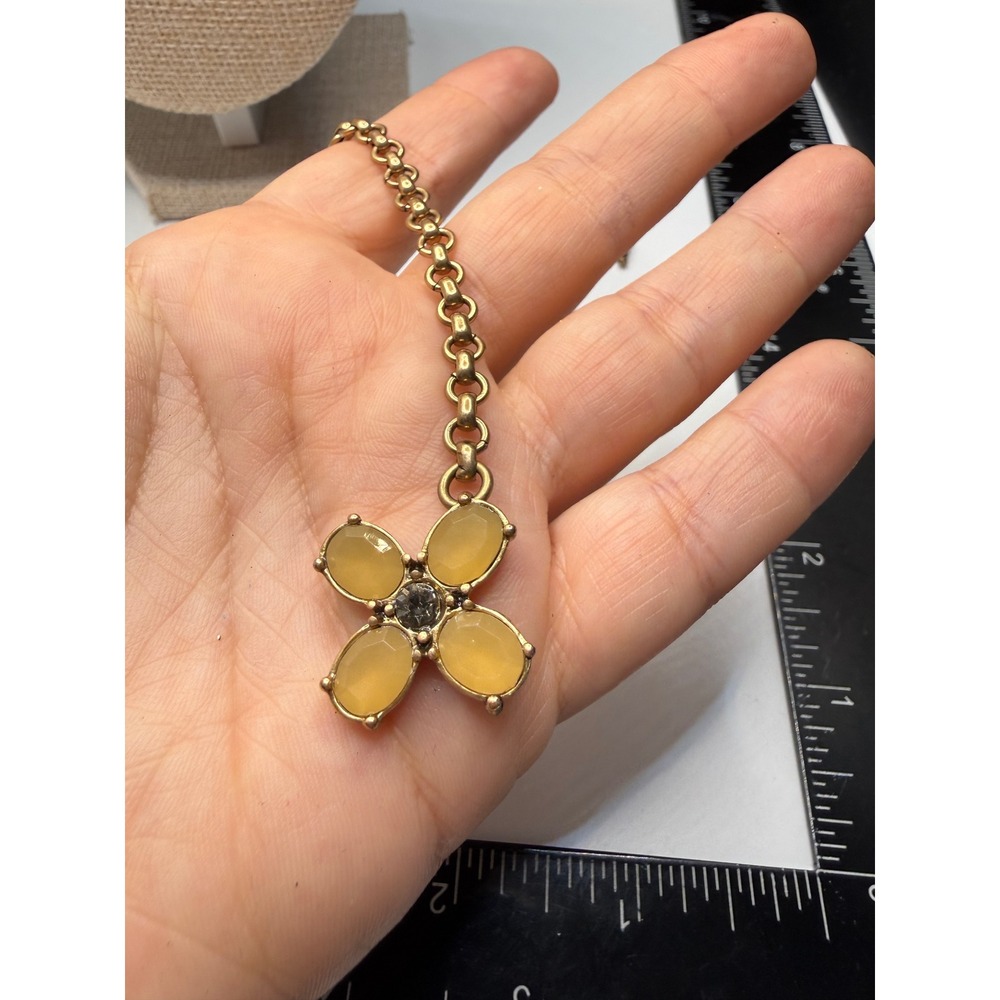 J. Crew Yellow Cabochon Flower Pendant Necklace Gold Tone Chain Vintage Style